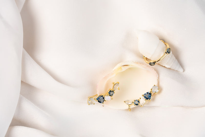 Mara Crawler Earring - Moonstone & Blue Iolite