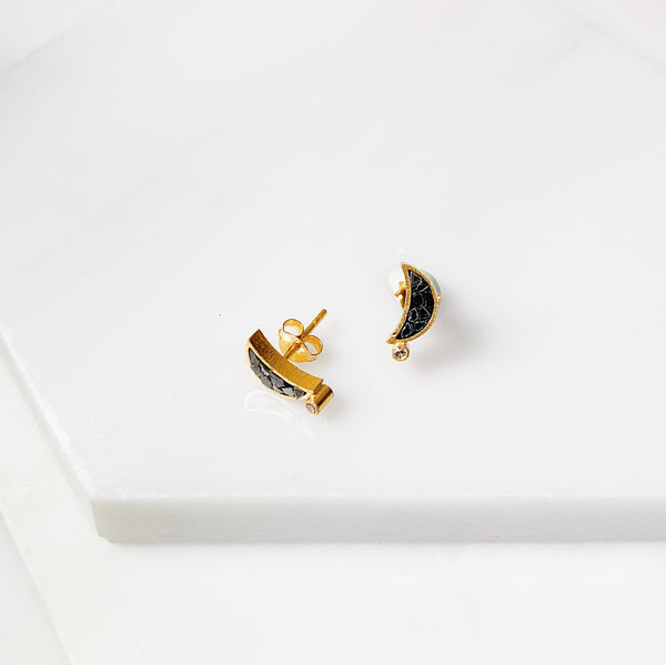 Crescent Stud Earrings- Black Deco Diamond